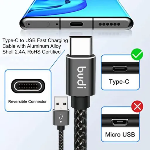 کابل شارژ کنفی USB به ‌USB-C بودی مدل DC206T20B جریان 2.4 آمپر طول 2 متر